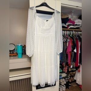 Lulus Affectionate Aura White Swiss Dot Tiered Bustier Midi Dress